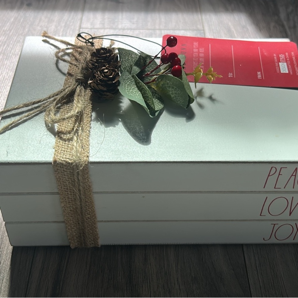 Rae Dunn Holiday Book Stack in Mint Green with Red Berry Accents